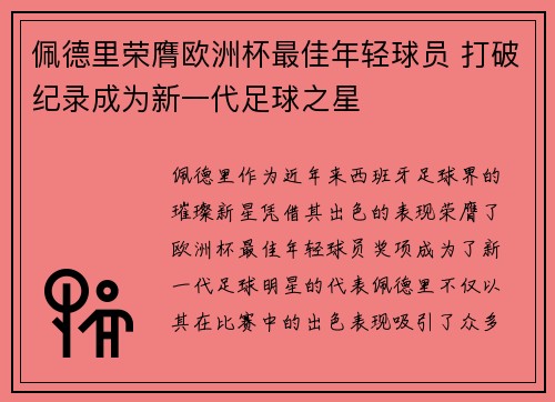 佩德里荣膺欧洲杯最佳年轻球员 打破纪录成为新一代足球之星
