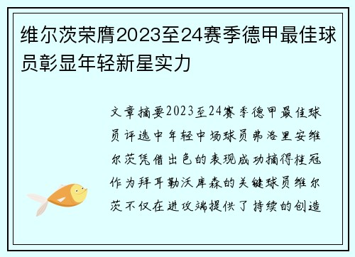 维尔茨荣膺2023至24赛季德甲最佳球员彰显年轻新星实力